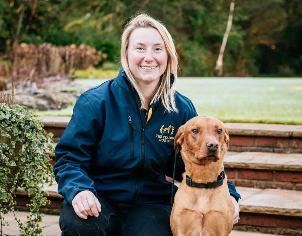 A picture of our dog trainer Antonia kneeling next to a trained dog for sale.